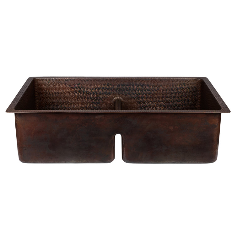 33" Hammered Copper Double Basin Drop-In Kitchen Sink