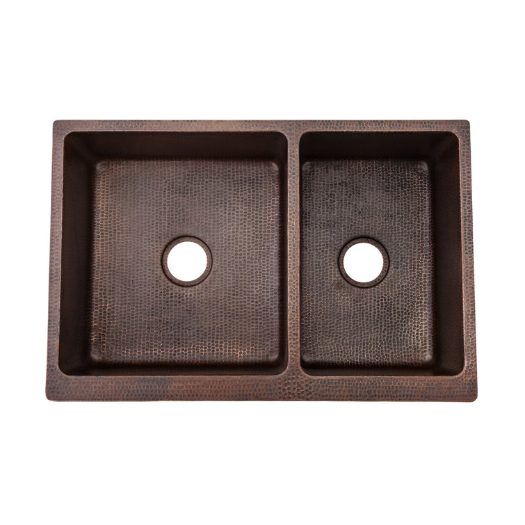 33" Hammered Copper Farmhouse Double Basin Sink with Scroll Design