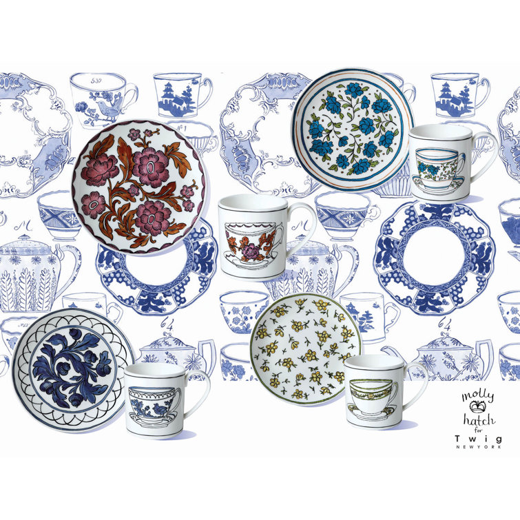 Blue Porcelain Round Dessert Plate with Floral Print