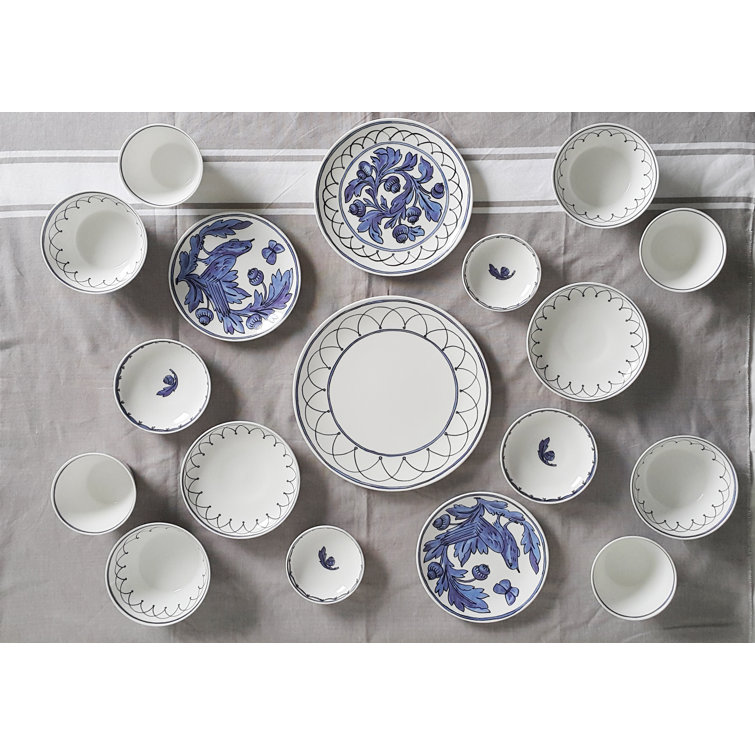 Blue Porcelain Round Dessert Plate with Floral Print