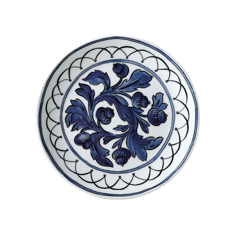 Blue Porcelain Round Dessert Plate with Floral Print