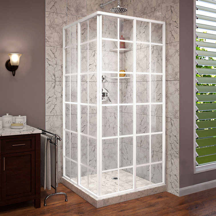 French Corner 34.5" White Framed Sliding Shower Enclosure
