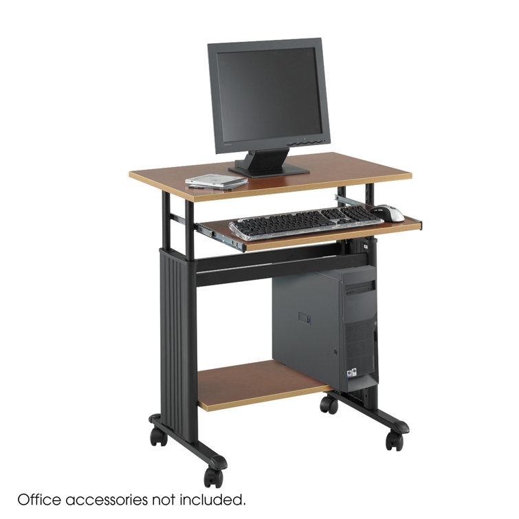 Cherry and Black Adjustable Height Mobile Workstation Cart with Keyboard Tray