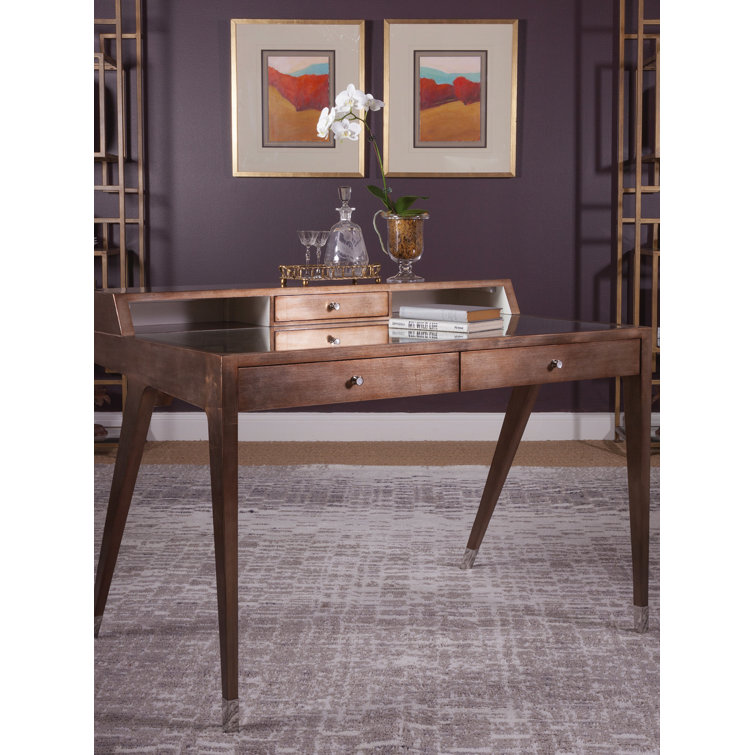 Transitional Warm Brown Desk with Hutches and Glass Inset