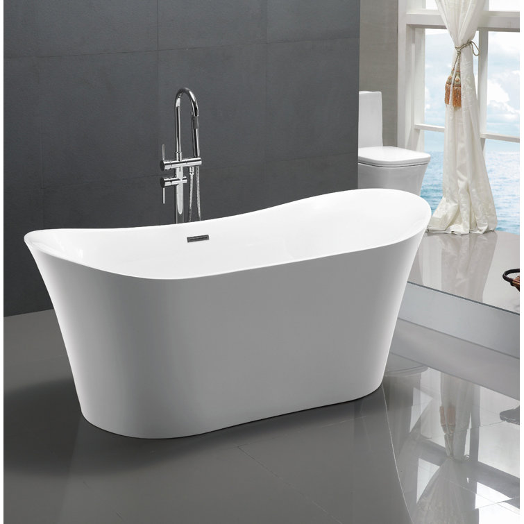 67-Inch White Acrylic Freestanding Soaking Bathtub with Polished Chrome Overflow