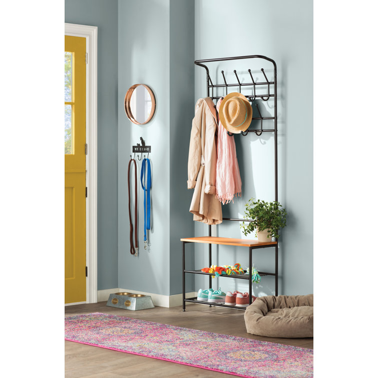Versatile Black Metal Entryway Storage Valet with Bench and Hooks