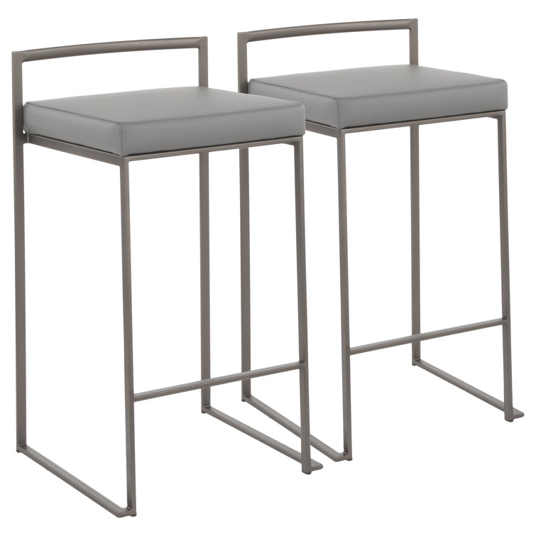Antique Metal and Grey Faux Leather Stackable Counter Stools, Set of 2