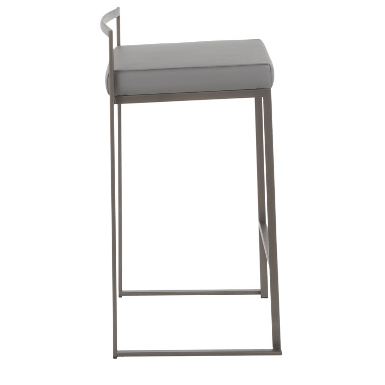Antique Metal and Grey Faux Leather Stackable Counter Stools, Set of 2