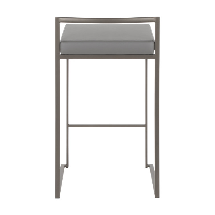 Antique Metal and Grey Faux Leather Stackable Counter Stools, Set of 2