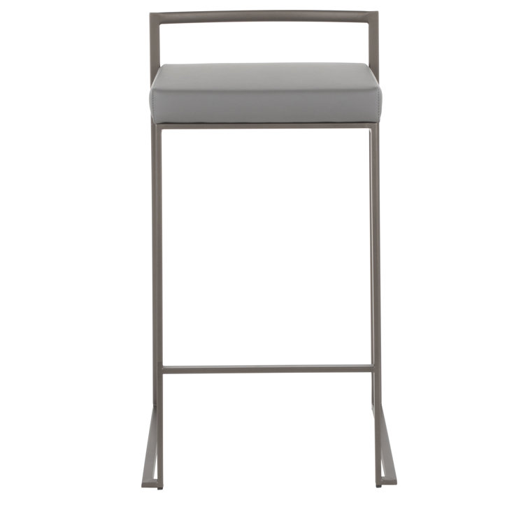 Antique Metal and Grey Faux Leather Stackable Counter Stools, Set of 2