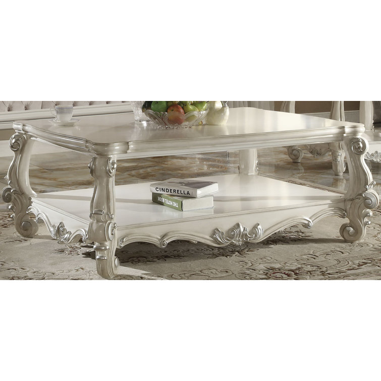 Elegant Artisan Bone White Wood and Glass Coffee Table with Storage