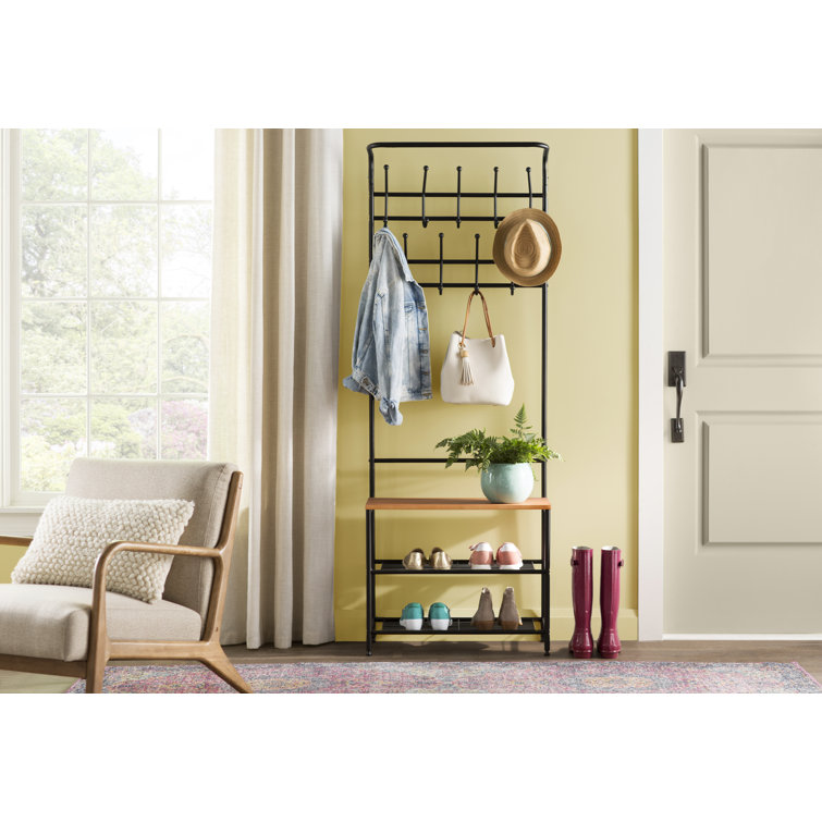 Versatile Black Metal Entryway Storage Valet with Bench and Hooks