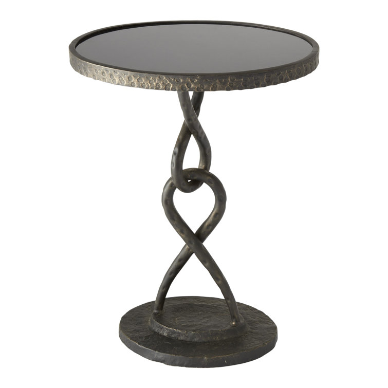 Round Black Granite and Gold Metal Side Table