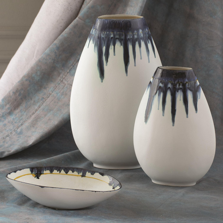 Elegant Porcelain Table Vase with Hand-Painted Blue and Yellow Drip