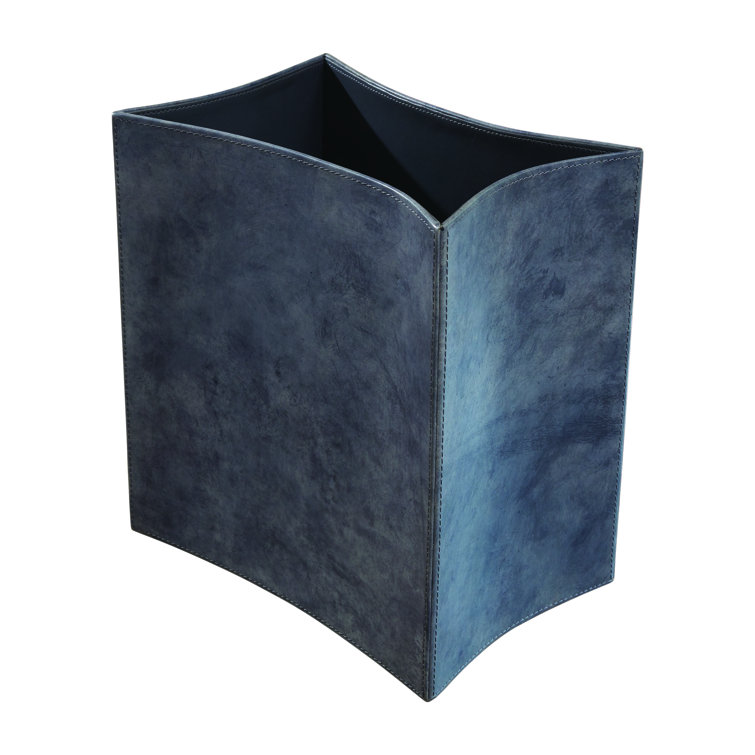 Blue Wash Leather Wastebasket with Folded Sides