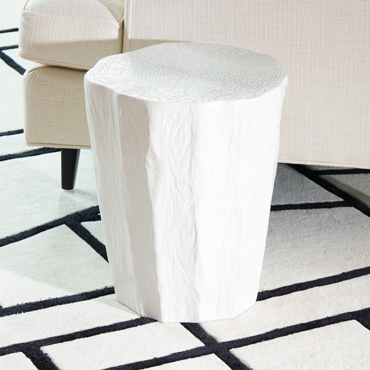 White Matte Ceramic Trunk Stool with Faux-Bois Texture