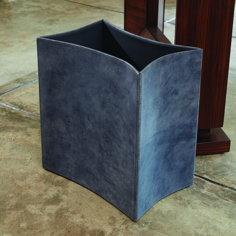Blue Wash Leather Wastebasket with Folded Sides