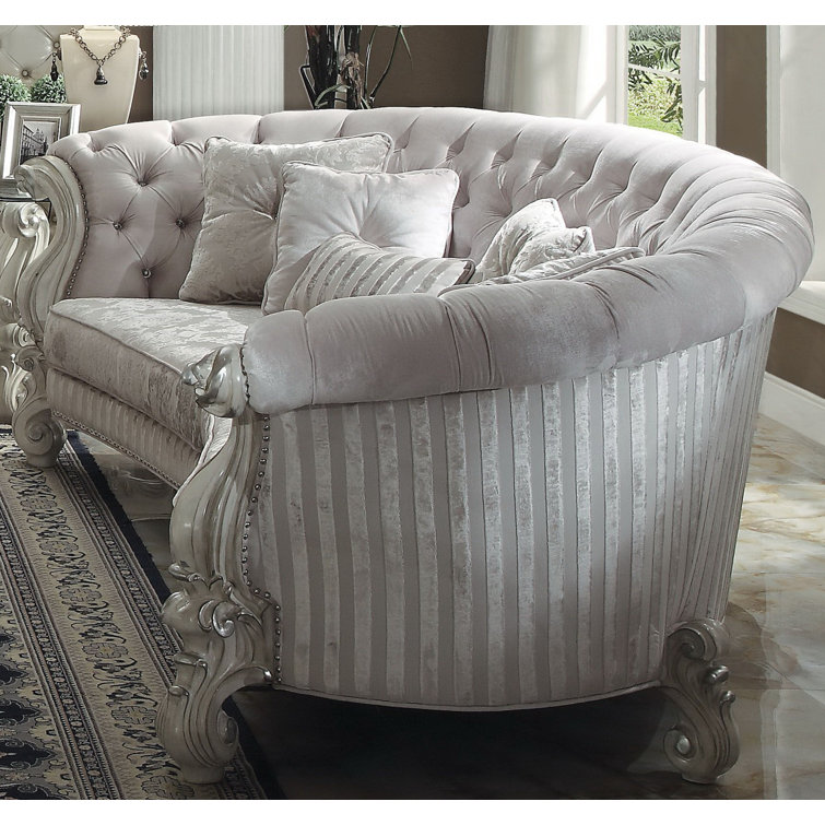 Bone White Velvet Tufted Crescent Sofa with Nailhead Trim