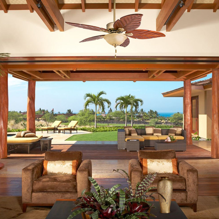 52" Brass Tropical Ceiling Fan with Hand Carved Wood Blades