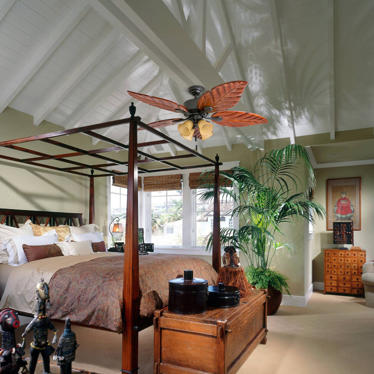 52" Bronze Tropical Ceiling Fan with Hand Carved Blades and LED Light