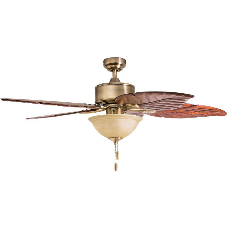 52" Brass Tropical Ceiling Fan with Hand Carved Wood Blades