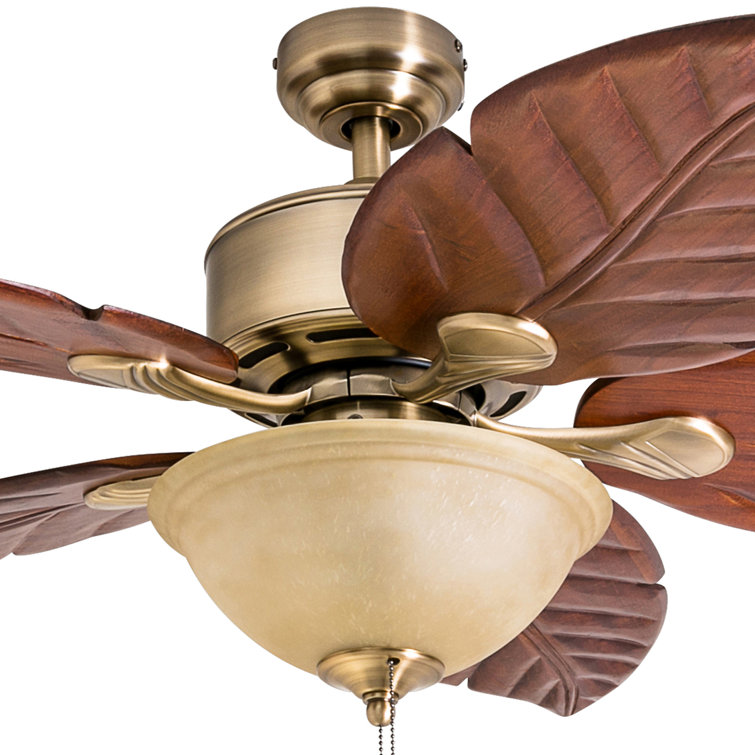 52" Brass Tropical Ceiling Fan with Hand Carved Wood Blades