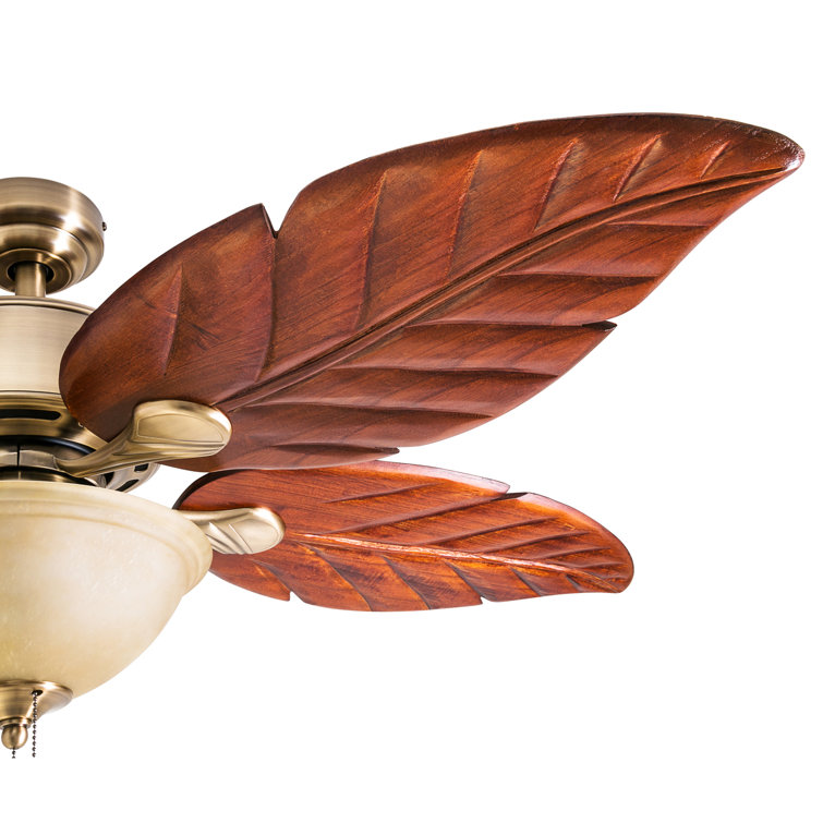 52" Brass Tropical Ceiling Fan with Hand Carved Wood Blades