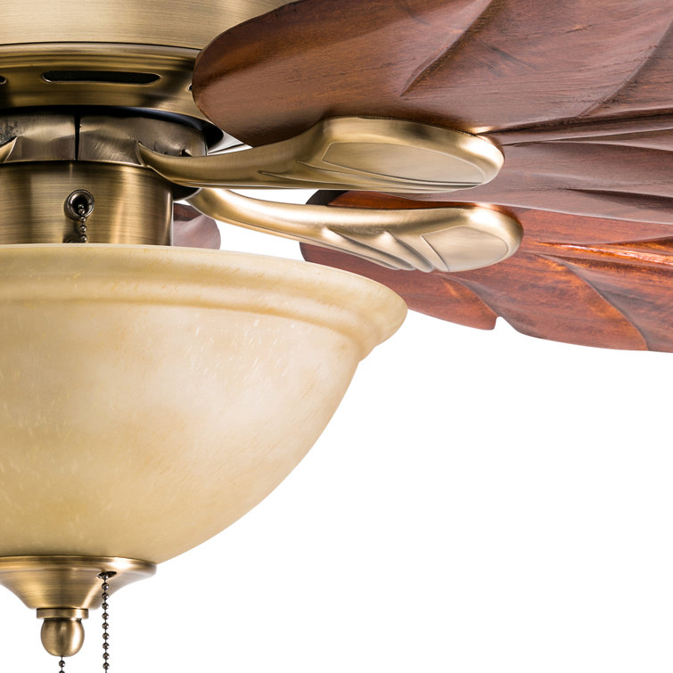 52" Brass Tropical Ceiling Fan with Hand Carved Wood Blades