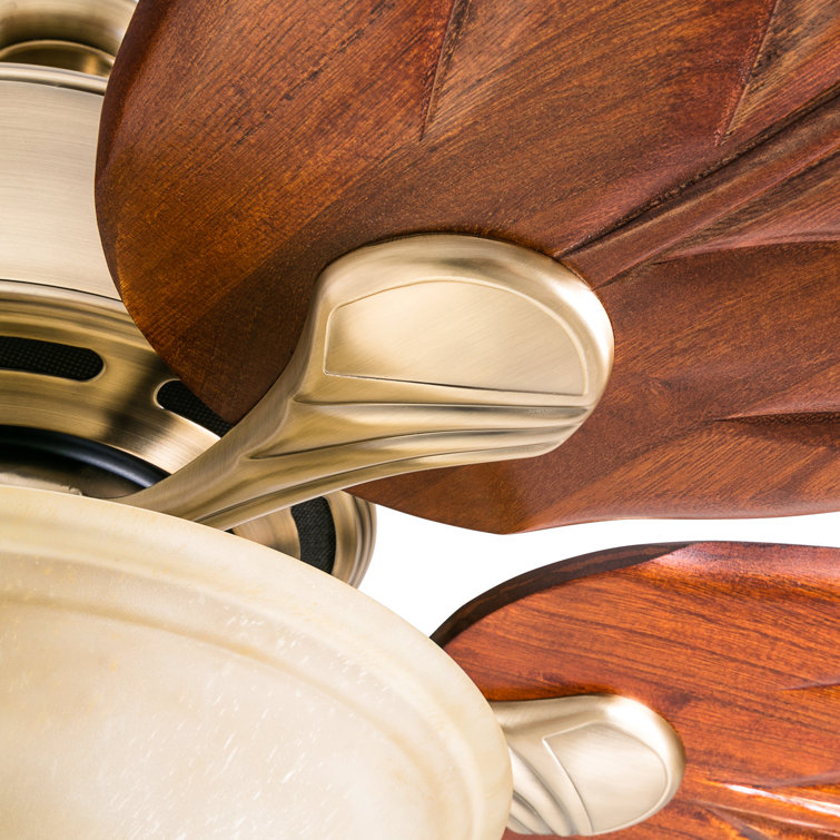 52" Brass Tropical Ceiling Fan with Hand Carved Wood Blades