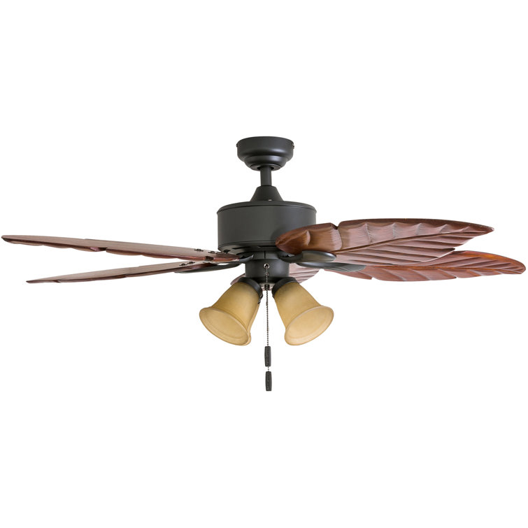 52" Bronze Tropical Ceiling Fan with Hand Carved Blades and LED Light