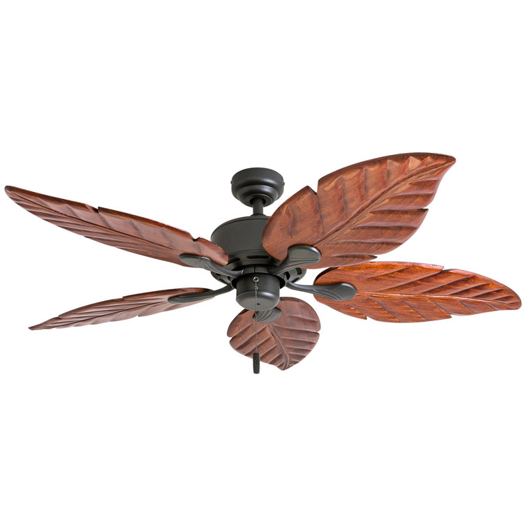 52" Bronze Tropical Ceiling Fan with Hand Carved Blades and LED Light