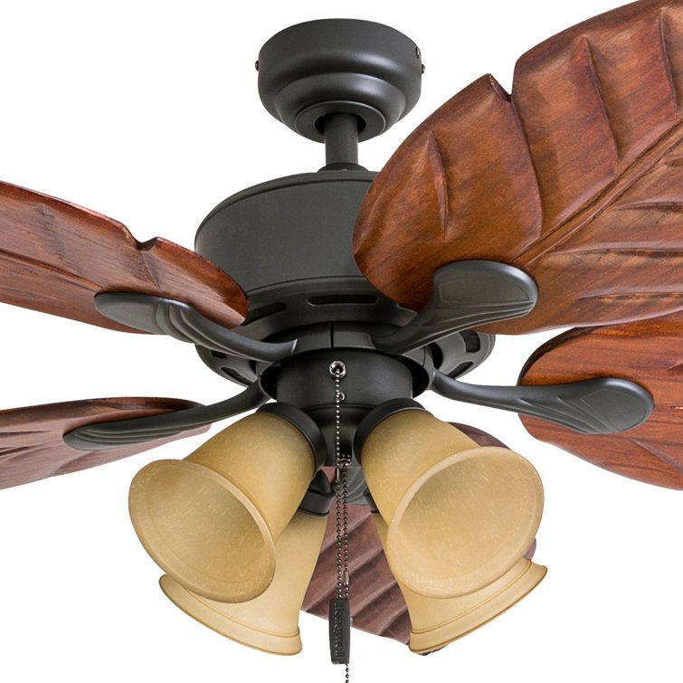 52" Bronze Tropical Ceiling Fan with Hand Carved Blades and LED Light