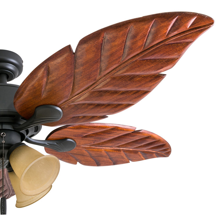 52" Bronze Tropical Ceiling Fan with Hand Carved Blades and LED Light