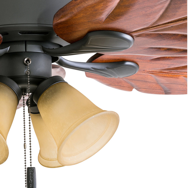 52" Bronze Tropical Ceiling Fan with Hand Carved Blades and LED Light