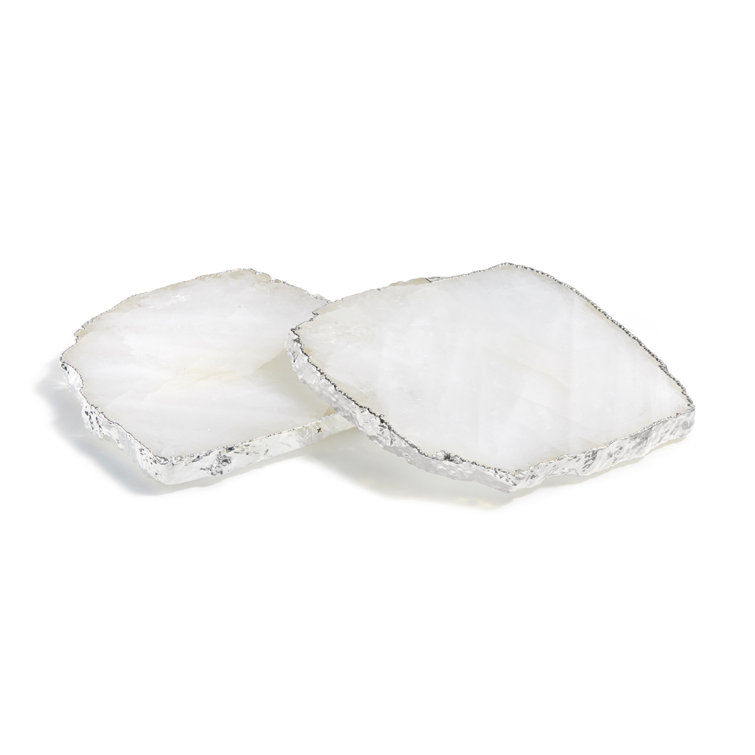 Organic-Shape White Glass and Silver Drink Coasters, Set of 2