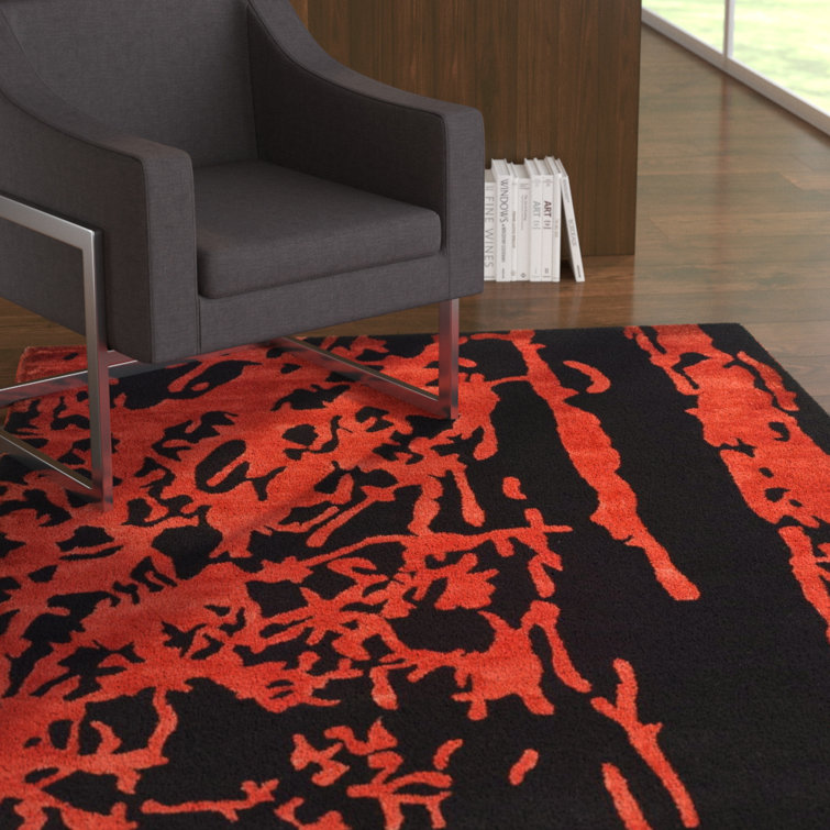 Handmade Black and Red Wool Abstract 5' x 8' Rug