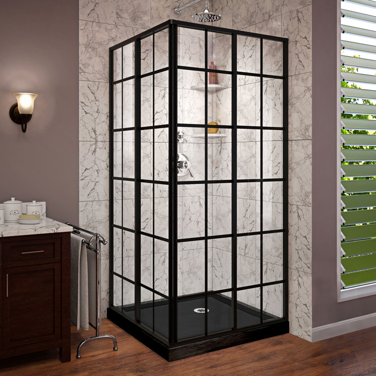 French Corner 36" Black Framed Sliding Shower Enclosure