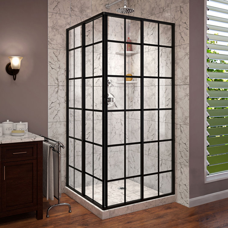 French Corner 40.5" Satin Black Framed Sliding Shower Enclosure