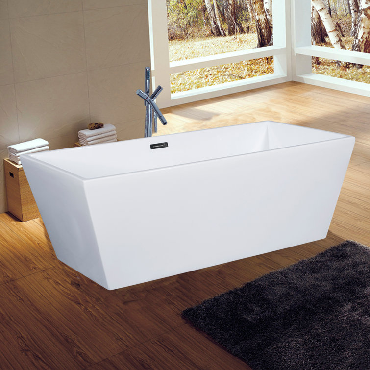 59'' White Rectangular Freestanding Acrylic Soaking Bathtub