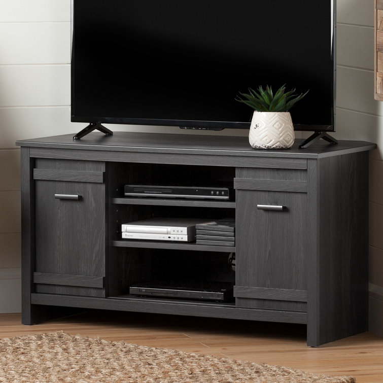 Modern Gray Oak Corner TV Stand with Fireplace and Cabinet