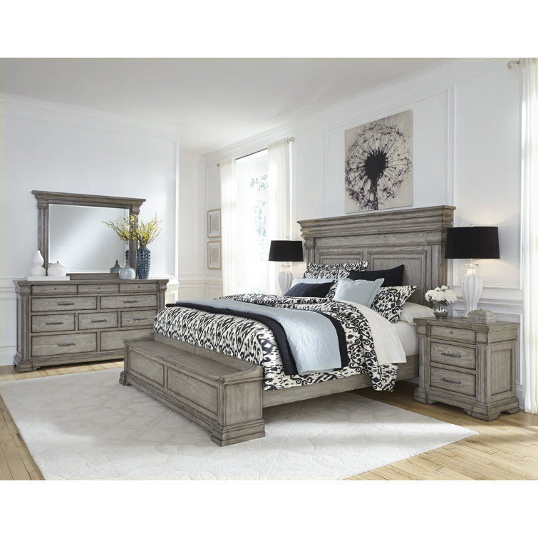 Gray Oak 10-Drawer Dresser with Mirror and Antique Silver Pulls