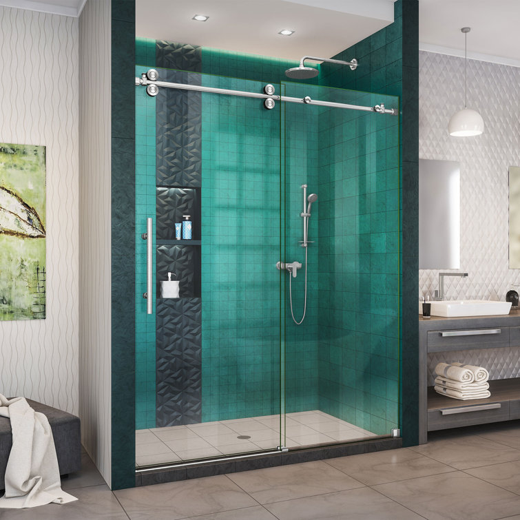 Enigma-XO Frameless Sliding Shower Door with Polished Stainless Steel Hardware
