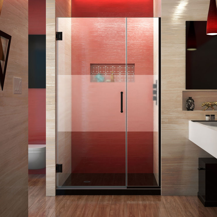 Unidoor Plus 44" Frameless Clear Glass Hinged Shower Door in Satin Black