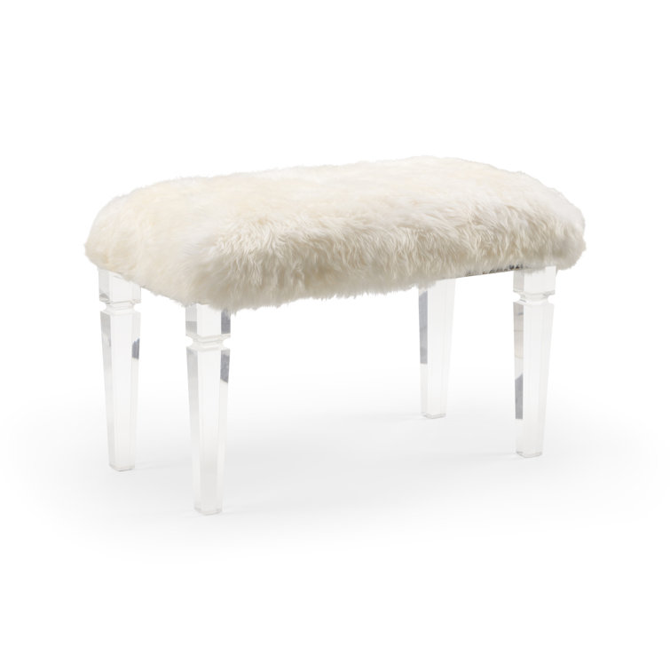 White Faux Fur and Acrylic Upholstered Bench, 32"