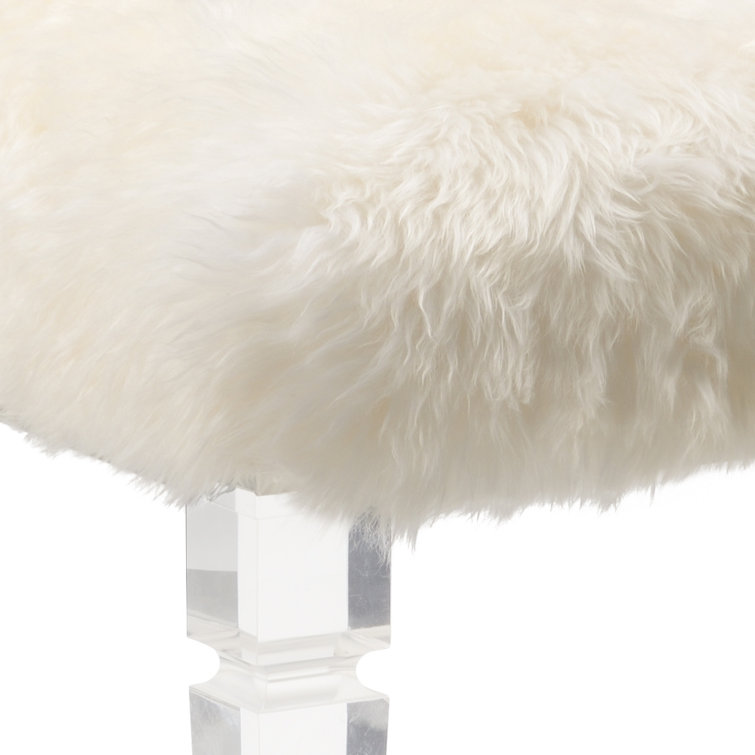 White Faux Fur and Acrylic Upholstered Bench, 32"