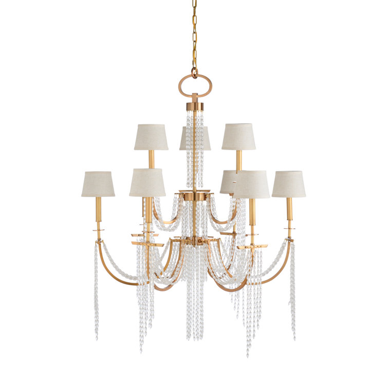 Mackie Antique Brass 9-Light Tiered Chandelier with Ecru Linen Shade
