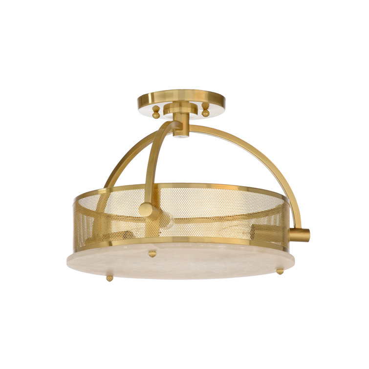 Antique Brass Alabaster 3-Light Drum Semi Flush Mount