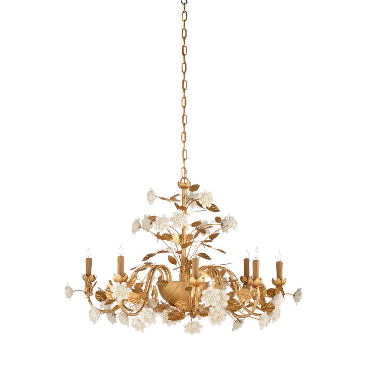 Chelsea House Queensland 27" White Ceramic Rose Chandelier with Gold Leaf