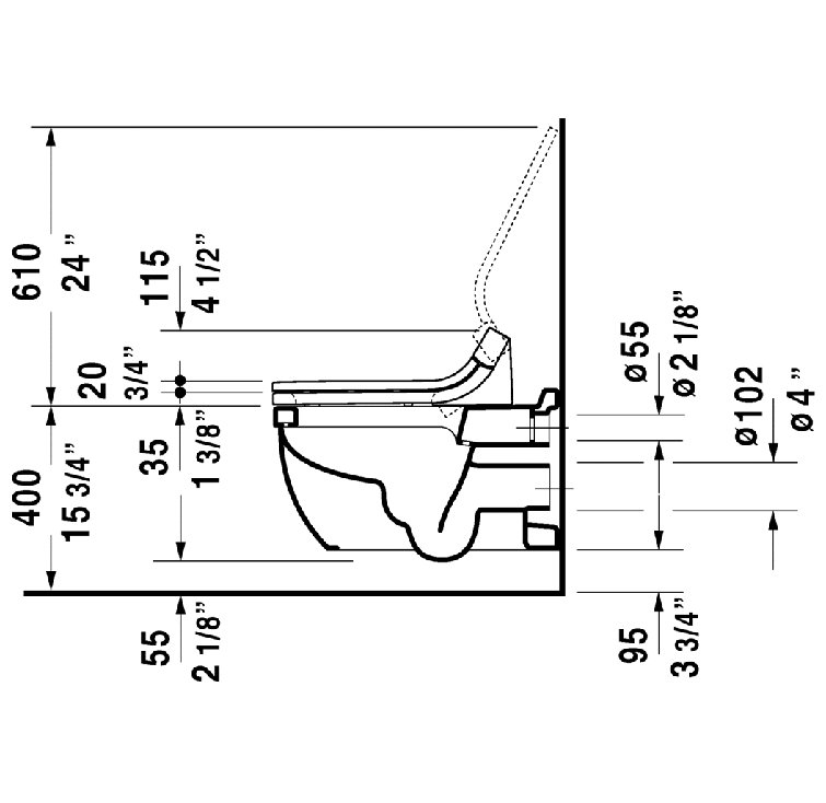 White Wall Mounted Elongated Dual Flush Toilet Bowl