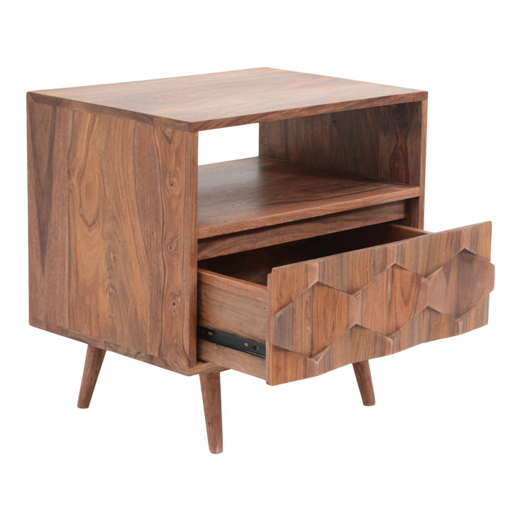 Mid-Century Sheesham Wood 22" Brown Nightstand with Drawer